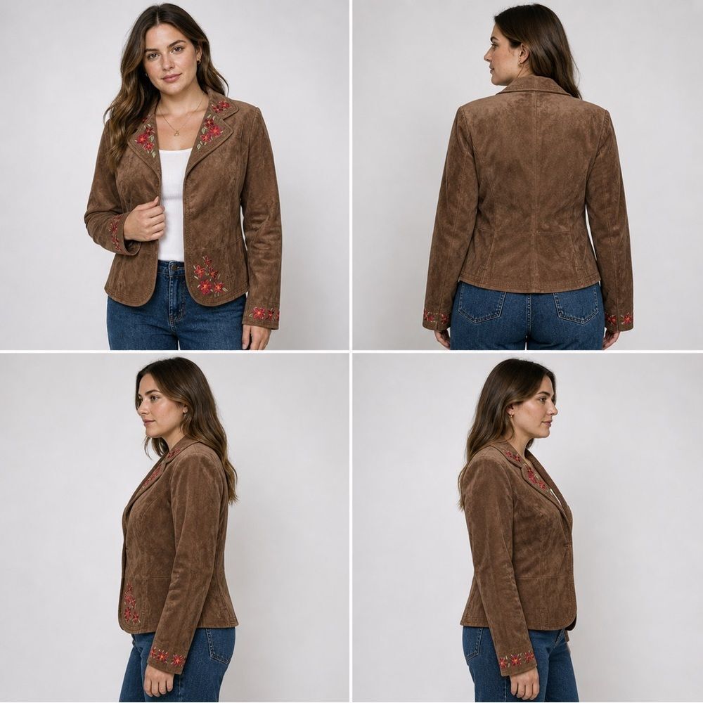 Chadwicks Solid Brown Genuine Leather Blazer with Red Floral Embroidery size 14